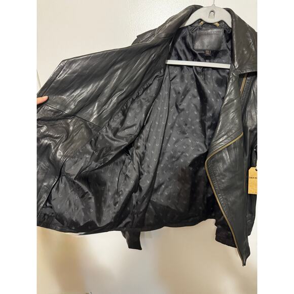 True Religion Black Genuine Lambskin Leather Double Zip Moto Jacket Rare Medium - Picture 7 of 13